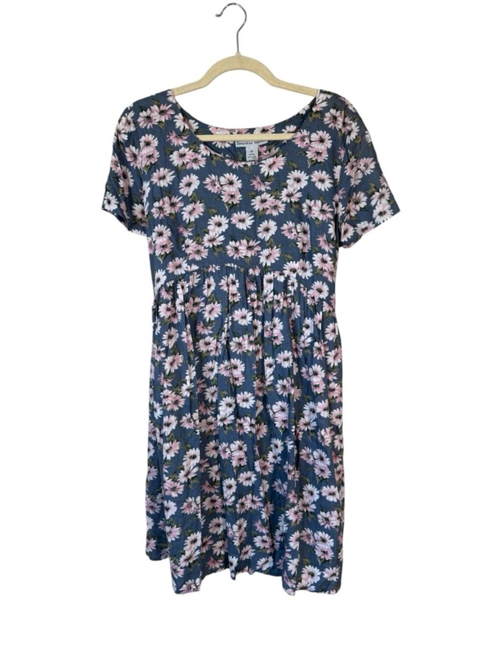 Vintage 90s Jonathan Martin Blue Pink Floral Babydoll Mini Dress Womens M Summer